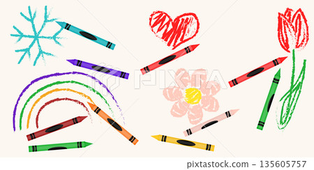 Wax crayon hand drawn elements. Colorful wax crayon children illustration. Wax crayon hand drawn elements. Colorful wax crayon children illustration. 135605757