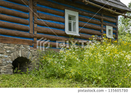 Traditional wooden log house in Osturna, Slovakia, surrounded by wildflowers Traditional wooden log house in Osturna, Slovakia, surrounded by wildflowers 135605780