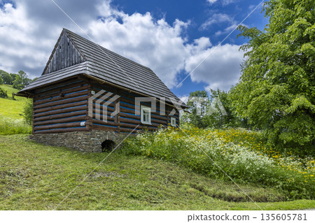 Traditional wooden log house architecture in Osturna Slovakia 135605781