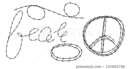 Twisted barbed wire silhouettes set in rounded and square shapes. Vector illustration of steel black wire barb fence frames. Concept of protection, danger or security 135605786
