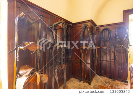 Equestrian driving harnesses and tack in a stables room 135605843