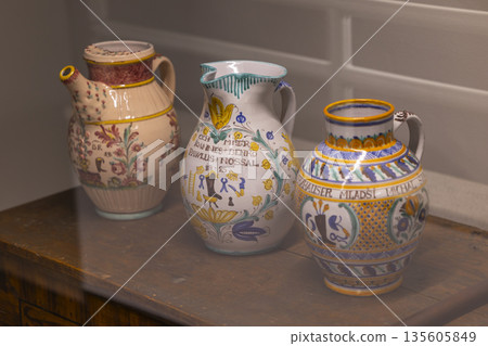 Traditional Czech ceramic jugs displaying historical craftsmanship 135605849