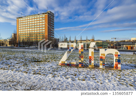 Zlin sign sculpture with Bata Skyscraper in Czechia Zlin sign sculpture with Bata Skyscraper in Czechia 135605877