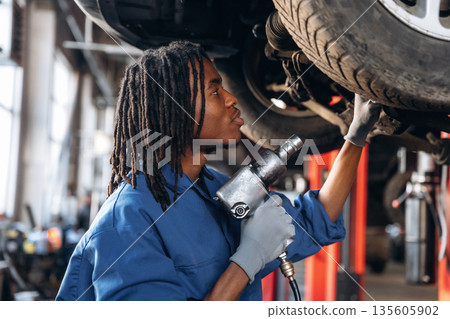 Automatic screwdriver in hand. Male mechanic is with car in garage Automatic screwdriver in hand. Male mechanic is with car in garage 135605902