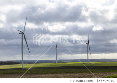 Wind turbines producing clean power in French countryside Wind turbines producing clean power in French countryside 135606059