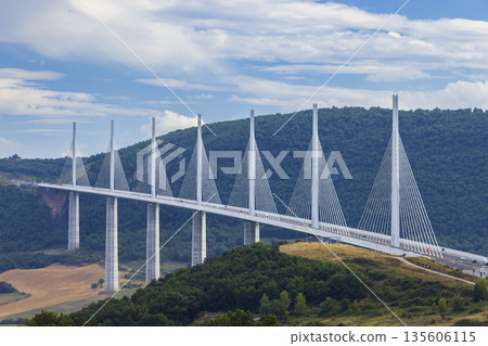 Viaduc de Millau connecting Aveyron landscape in Occitanie, France Viaduc de Millau connecting Aveyron landscape in Occitanie, France 135606115