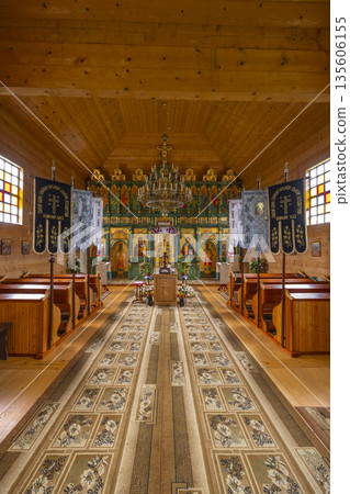 Interior of wood orthodox church in Komancza, Poland 135606155
