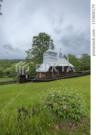 Historic wooden Greek Catholic church in Nowica, Poland 135606174