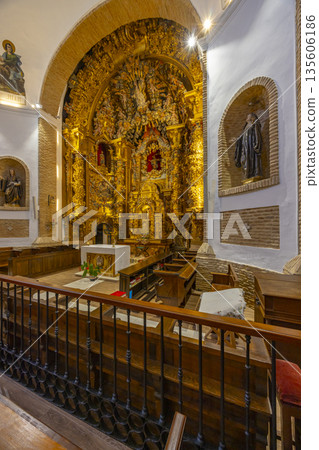 Ornate gilded altarpiece inside historic church Sahagun Spain interior Ornate gilded altarpiece inside historic church Sahagun Spain interior 135606186