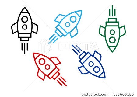 Colorful Rocket Icons For Space Technology And Startup Themes Illustration Vector. 135606190