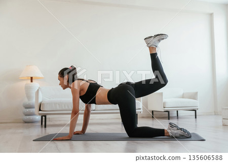 Sport time, wellness. Young woman with slim body type is indoors Sport time, wellness. Young woman with slim body type is indoors 135606588