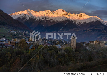Georgia towers of Svaneti at sunrise. Georgia towers of Svaneti at sunrise. 135606731