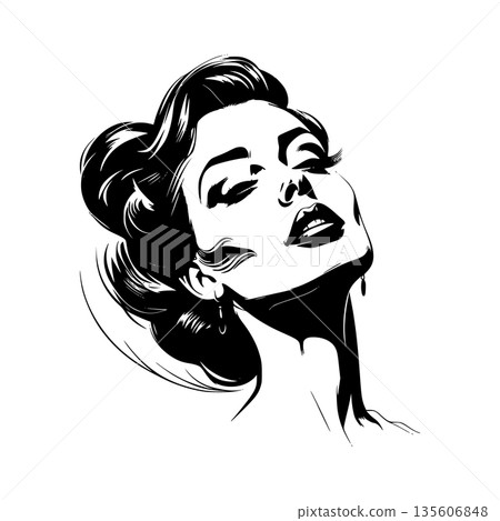 Ink drawing portrait of young woman with voluminous wavy hair glancing sideways mysteriously on white background Ink drawing portrait of young woman with voluminous wavy hair glancing sideways mysteriously on white background 135606848