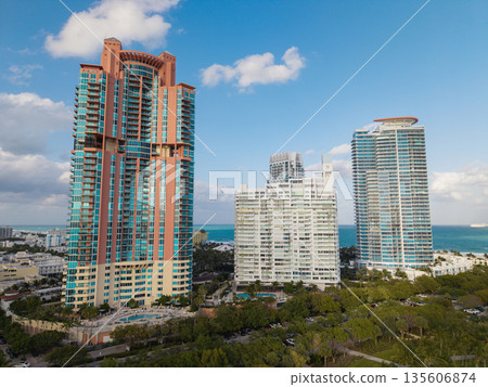 South beach luxury apartment. South pointe. Skyscraper architecture of Miami. Miami south beach aerial. Skyscraper building. Luxury hotel skyscraper. Aerial Miami beach. Luxury architecture building 135606874