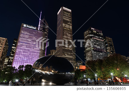 Chicago, Il-October 22. 2024: Chicago architecture of skyscraper. City night illuminated building. Skyscraper cityscape. Night city of Chicago. Business city. Night cityscape of Chicago skyscraper 135606935