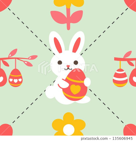 Spring seamless pattern Easter bunny, egg, heart, and willow branch. For poster, card, scrapbooking, and stickers. Easter seamless pattern. Vector illustration Spring seamless pattern Easter bunny, egg, heart, and willow branch. For poster, card, scrapbooking, and stickers. Easter seamless pattern. Vector illustration 135606945