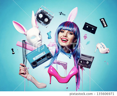 一位面帶微笑的女子，手捧漂浮的音響，戴著兔子麵具。復古可愛的天藍色背景。 135606971