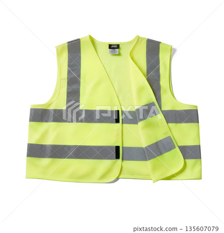 Isolated high-visibility safety vest with reflective silver strips, essential for construction, roadside work, and industrial safety concepts 135607079
