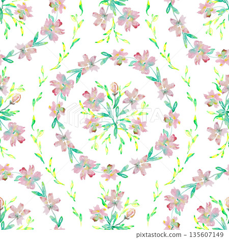 Watercolor Pink Floral Wreath Seamless Pattern 135607149