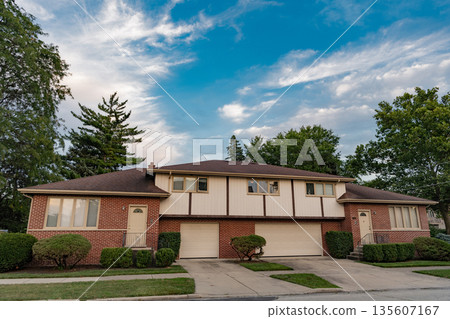 Suburban neighborhood. Suburban house architecture. Private house. Neighborhood architecture. Property in neighborhood. Residential property house. Residence architecture. Housing supply Suburban neighborhood. Suburban house architecture. Private house. Neighborhood architecture. Property in neighborhood. Residential property house. Residence architecture. Housing supply 135607167