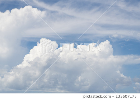 Sky and cloud formation. Weather cloudscape. Sky filled with cloud. Overcast scene. Cloudy sky view. Cloud drifting. Cloudy atmospheric backdrop. Morning sky with cloud. Bright clouds 135607173