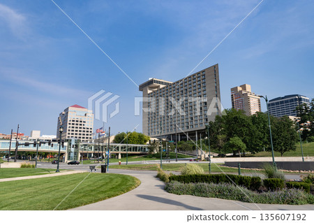 Kansas City, Missouri, USA - August 07, 2025: The Westin Kansas City at Crown Center. City street with architecture building Westin Kansas City at Crown Center. Architectural building and park 135607192