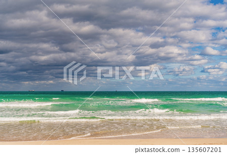 Romantic summer vacation seascape. Seascape horizon paradise. Sea sunrise on ocean beach. Sunset seascape at summer vacation. Horizon with sea cloudy sky. Calm horizon at sea. Sea breeze 135607201