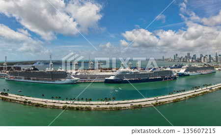Miami, Florida, USA - May 11, 2025: Celebrity Beyond, MSC Seascape and Norwegian Escape cruise ship voyage. MSC and Celebrity cruises. Norwegian cruise line. Cruise ship tour. Ship in Miami port 135607215