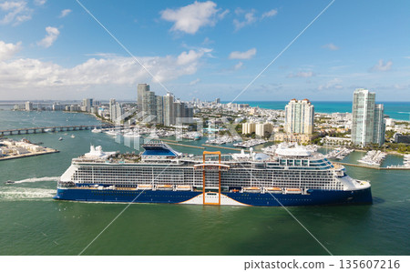 Miami, Florida, USA - May 11, 2025: Cruise in summer vacation. Celebrity cruises cruise line. Cruise ship tour and travel at sea. Ship leaving Miami port. Celebrity Beyond cruise ship voyage Miami, Florida, USA - May 11, 2025: Cruise in summer vacation. Celebrity cruises cruise line. Cruise ship tour and travel at sea. Ship leaving Miami port. Celebrity Beyond cruise ship voyage 135607216