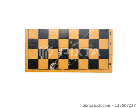 Vintage chess set with chessboard on white background. 135607237
