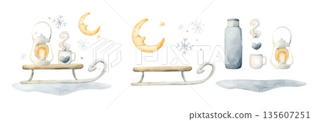 Cute sleigh with cup and lantern, crescent moon snow flakes. Watercolor hand drawn illustration isolated on white background for winter design Christmas card baby nursery kids print textile poster Cute sleigh with cup and lantern, crescent moon snow flakes. Watercolor hand drawn illustration isolated on white background for winter design Christmas card baby nursery kids print textile poster 135607251