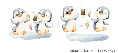Cute Penguins sitting with ice cream hearts. Watercolor hand drawn illustration isolated on white background for north winter design Christmas or Valentine cozy card baby nursery kids holiday poster Cute Penguins sitting with ice cream hearts. Watercolor hand drawn illustration isolated on white background for north winter design Christmas or Valentine cozy card baby nursery kids holiday poster 135607253