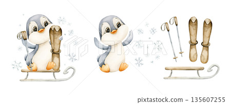 Cute Penguin sitting on sleigh with ski pole. Arctic North animal. Watercolor hand drawn illustration isolated on white background for winter design Christmas card baby nursery kids holiday czy poster Cute Penguin sitting on sleigh with ski pole. Arctic North animal. Watercolor hand drawn illustration isolated on white background for winter design Christmas card baby nursery kids holiday czy poster 135607255