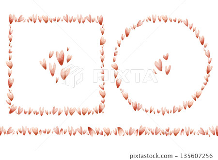 Cute little red hearts wreath frame seamless border set. Watercolor hand drawn illustration isolated on white background for baby nursery kids children design holiday print Valentine card template Cute little red hearts wreath frame seamless border set. Watercolor hand drawn illustration isolated on white background for baby nursery kids children design holiday print Valentine card template 135607256