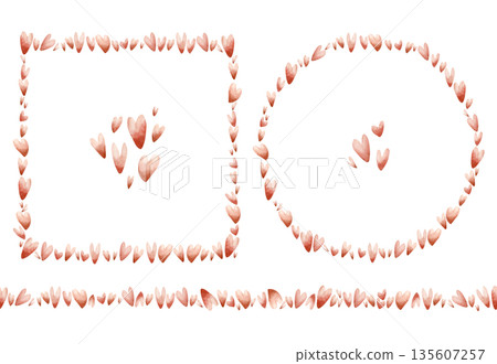 Cute little red hearts wreath frame seamless border set. Watercolor hand drawn illustration isolated on white background for baby nursery kids children design holiday print Valentine card template Cute little red hearts wreath frame seamless border set. Watercolor hand drawn illustration isolated on white background for baby nursery kids children design holiday print Valentine card template 135607257