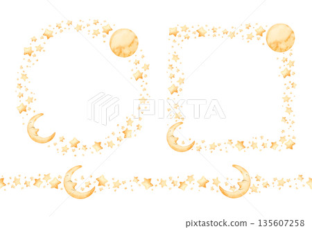 Cute golden moon crescent stars wreath frame seamless border set. Watercolor hand drawn illustration isolated on white background for baby nursery textile kids fabric holiday Ramadan design card print 135607258