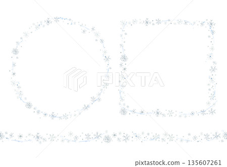 Cute winter snowflakes wreath frame seamless border set Falling snow flakes. Watercolor hand drawn illustration isolated on white background for baby nursery kids holiday Christmas design banner print 135607261
