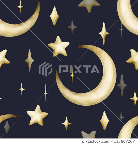 Cute golden crescent moon stars sparkle twinkles seamless pattern. Watercolor hand drawn isolated illustration on dark blue background for Muslim holiday Ramadan design Eid Mubarak baby nursery kids 135607267