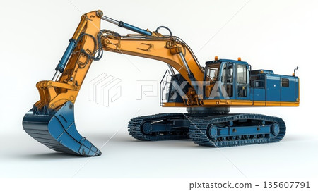 Heavy excavator working on a construction site with a bright yellow and blue color scheme during daylight hours Heavy excavator working on a construction site with a bright yellow and blue color scheme during daylight hours 135607791