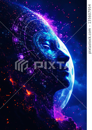 Psychedelic Cosmic Human Face with Digital Neural Grid and Moon in Deep Space, Futuristic Sci-Fi Portrait with Glowing Energy and Nebula Particles 135607954