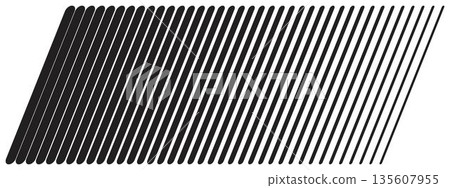 Slanted vertical black parallel straight sticks with different thickness isolated on white background. Tilted stripes. Oblique lines. Simple striped print. Vector graphic minimalist illustration 135607955