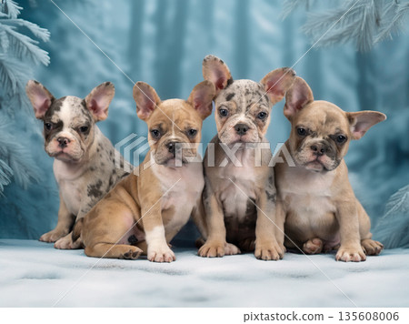 French bulldogs in the winter forest. Puppies among snow-covered trees 135608006