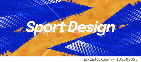 Abstract Sport Background with Blue Brush Shapes on Orange Background in Grunge Style. Grunge Banner or Poster Design Abstract Sport Background with Blue Brush Shapes on Orange Background in Grunge Style. Grunge Banner or Poster Design 135608055
