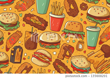 Various fast food or junk food illustrative background. Generative AI Various fast food or junk food illustrative background. Generative AI 135608201