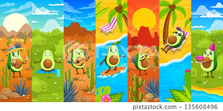 Cartoon cheerful Mexican avocado vector characters playing guitar and trumpet, relaxing on a deckchair and holding a cake, dancing with maracas, meditating, surfing and celebrating avocado birthday 135608496