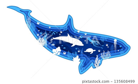 Paper cut killer whale silhouette with underwater sealife landscape. Orca silhouette with dolphins, turtles, jellyfish and coral plants, starfish and seaweeds. Vector summer travel banner 135608499