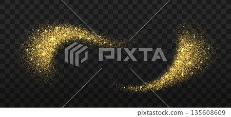 Golden star dust waves, magic glitter vector particles splash, glow powder spray effect. Sparkling dust trail, magical starburst, light, cosmic shimmer. Golden spray waves of sequins and glitter forms Golden star dust waves, magic glitter vector particles splash, glow powder spray effect. Sparkling dust trail, magical starburst, light, cosmic shimmer. Golden spray waves of sequins and glitter forms 135608609