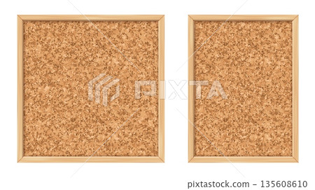 Cork vector board with wooden frames and natural cork texture with an irregular grains pattern. Educational pins billboard, office board workspace, productivity desk template 135608610