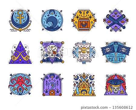 Sacred esoteric pirate and corsair symbols. Vector pirate ship anchor, treasure map, corsair skull and crossbones, piracy flag and hook color line icons with mystic moon, star and esoteric eye symbols Sacred esoteric pirate and corsair symbols. Vector pirate ship anchor, treasure map, corsair skull and crossbones, piracy flag and hook color line icons with mystic moon, star and esoteric eye symbols 135608612