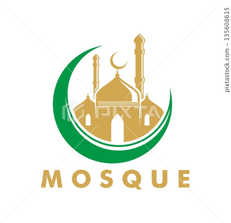 Arab muslim mosque graphic icon or emblem. Muslim mosque emblem, Islam religion graphic vector label. Islamic culture center icon or Arab Quran abstract symbol with green crescent, mosque minaret Arab muslim mosque graphic icon or emblem. Muslim mosque emblem, Islam religion graphic vector label. Islamic culture center icon or Arab Quran abstract symbol with green crescent, mosque minaret 135608615